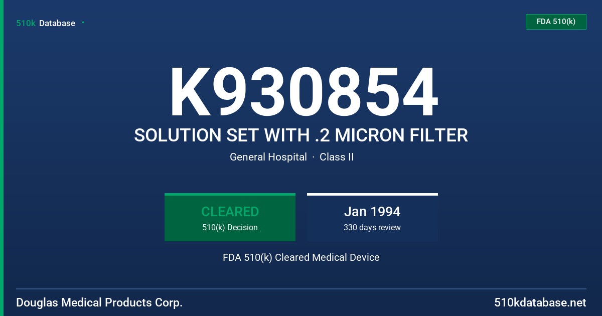 K930854 SOLUTION SET WITH .2 MICRON FILTER FDA 510(k) Cleared Medical Device