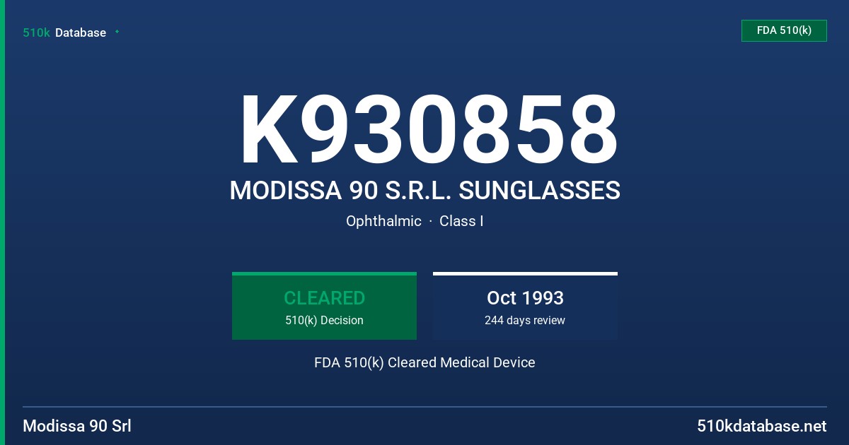 K930858 MODISSA 90 S.R.L. SUNGLASSES FDA 510(k) Cleared Medical Device