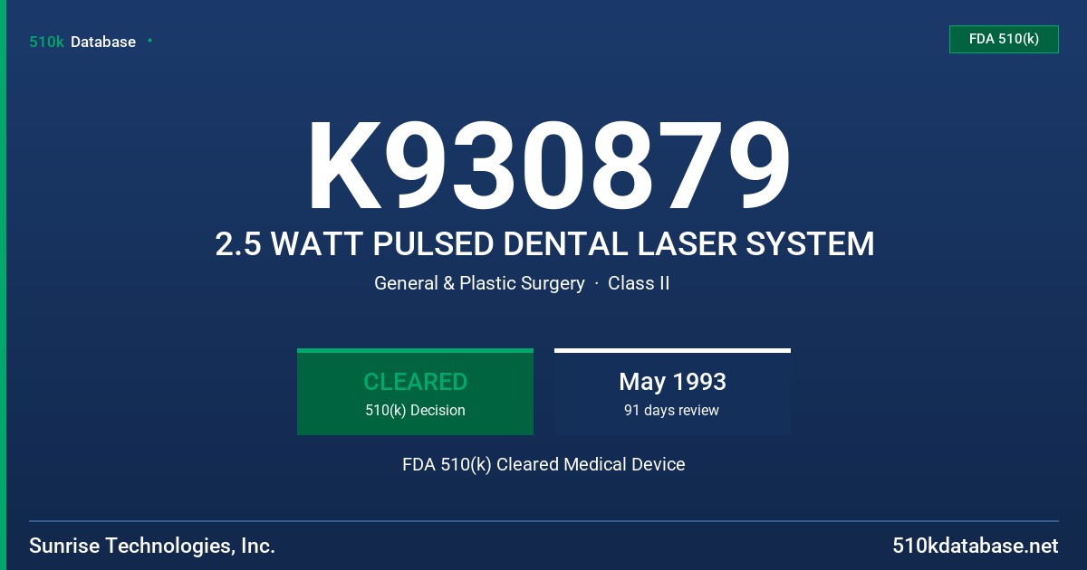 K930879 2.5 WATT PULSED DENTAL LASER SYSTEM FDA 510(k) Cleared Medical Device