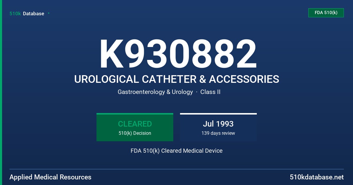 K930882 UROLOGICAL CATHETER & ACCESSORIES FDA 510(k) Cleared Medical Device