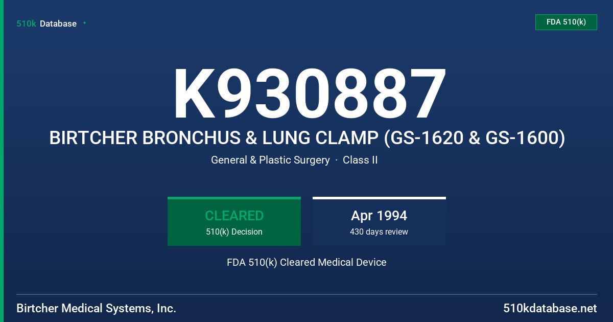 K930887 BIRTCHER BRONCHUS & LUNG CLAMP (GS-1620 & GS-1600) FDA 510(k) Cleared Medical Device