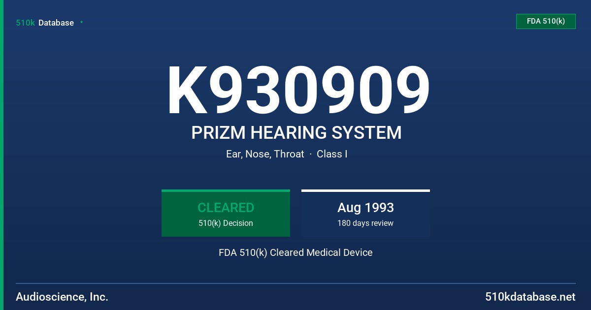 K930909 PRIZM HEARING SYSTEM FDA 510(k) Cleared Medical Device