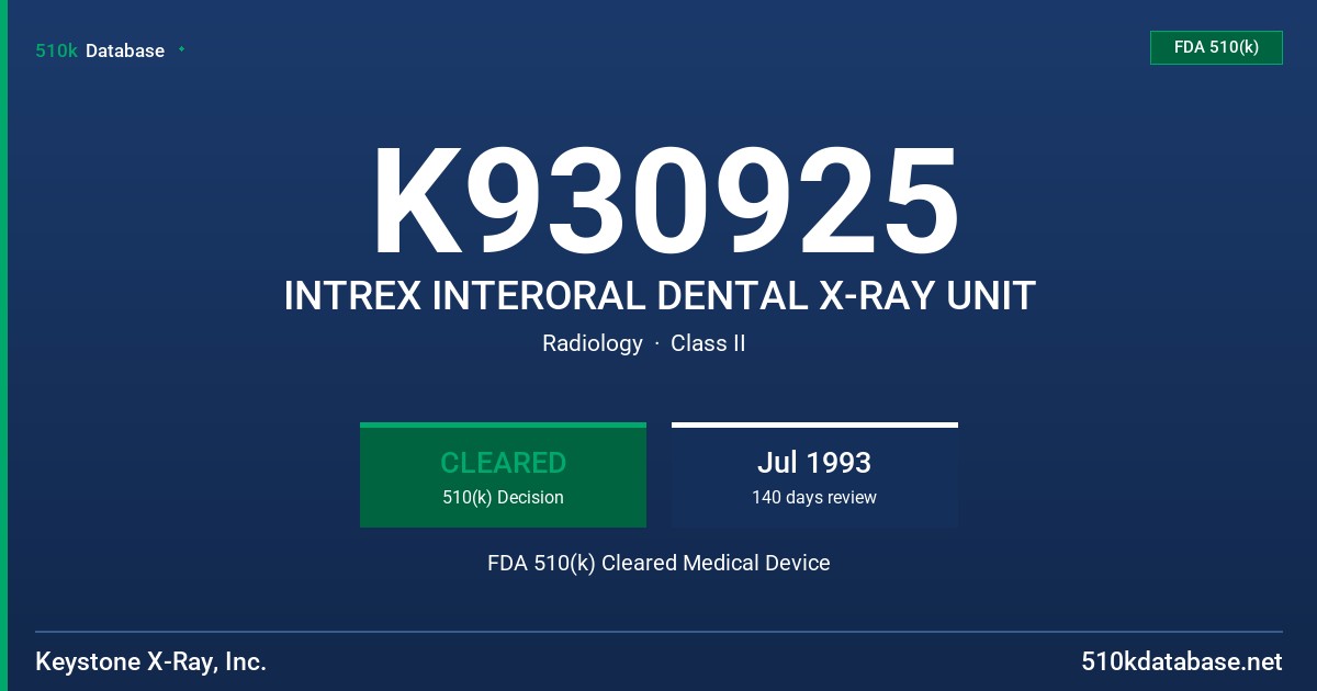 K930925 INTREX INTERORAL DENTAL X-RAY UNIT FDA 510(k) Cleared Medical Device