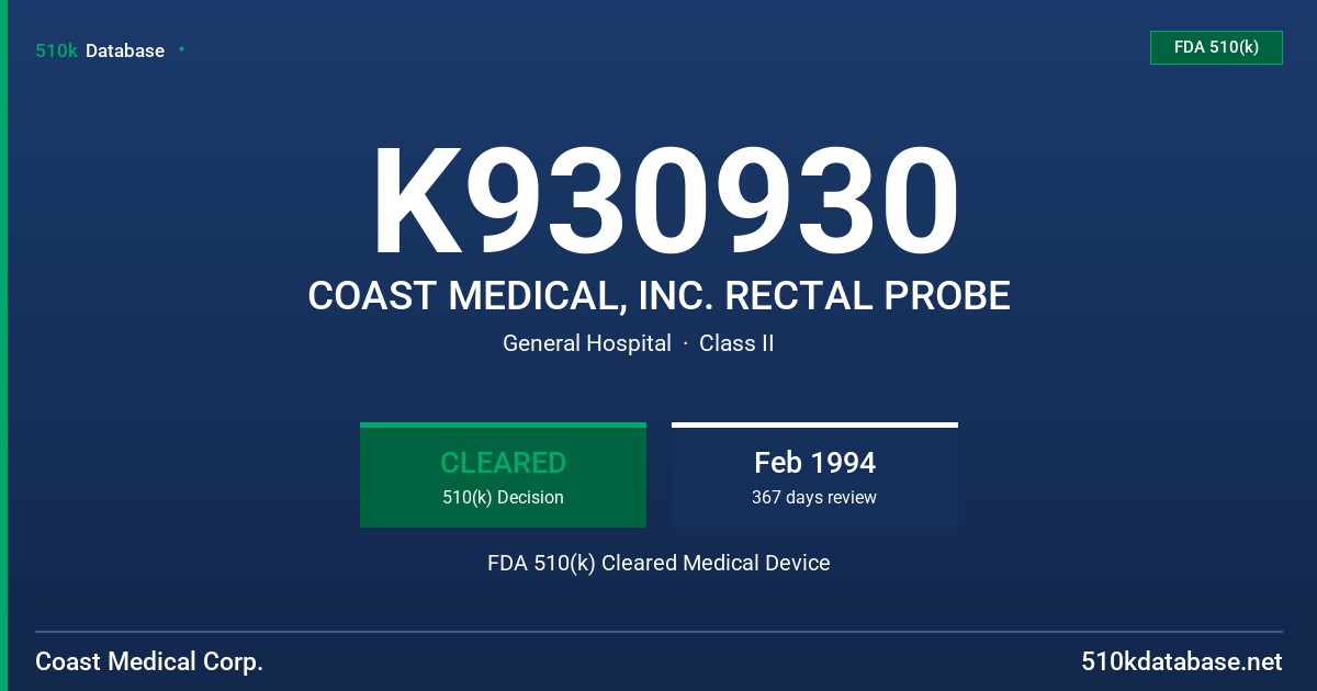 K930930 COAST MEDICAL, INC. RECTAL PROBE FDA 510(k) Cleared Medical Device