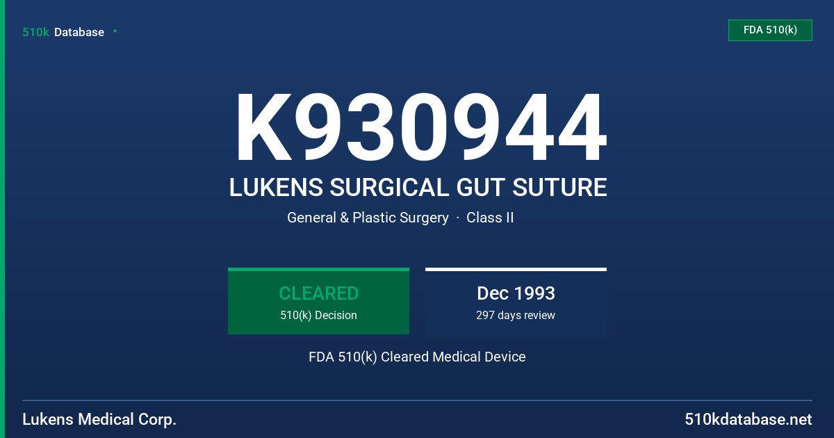 K930944 LUKENS SURGICAL GUT SUTURE FDA 510(k) Cleared Medical Device