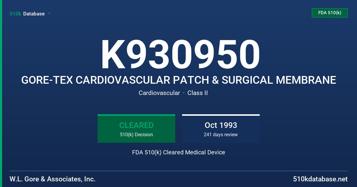 K930950 GORE-TEX CARDIOVASCULAR PATCH & SURGICAL MEMBRANE FDA 510(k) Cleared Medical Device