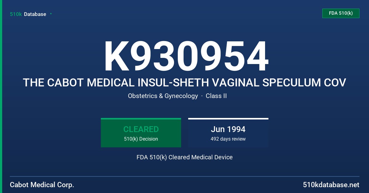K930954 THE CABOT MEDICAL INSUL-SHETH VAGINAL SPECULUM COV FDA 510(k) Cleared Medical Device