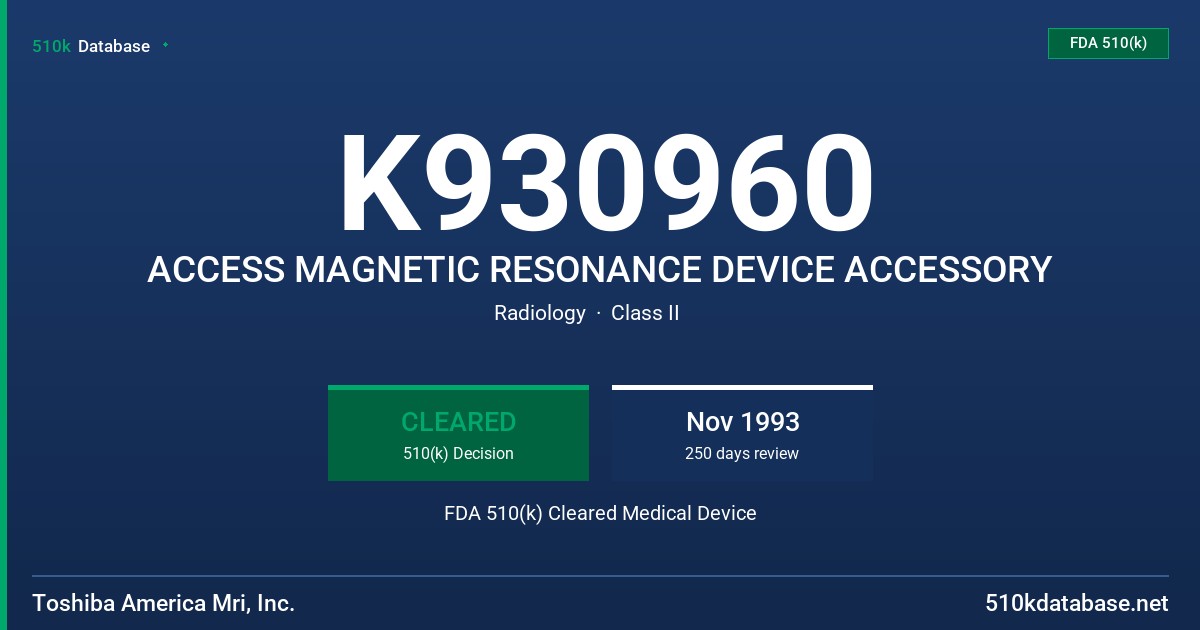 K930960 ACCESS MAGNETIC RESONANCE DEVICE ACCESSORY FDA 510(k) Cleared Medical Device