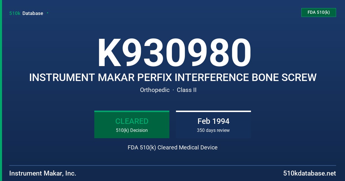 K930980 INSTRUMENT MAKAR PERFIX INTERFERENCE BONE SCREW FDA 510(k) Cleared Medical Device