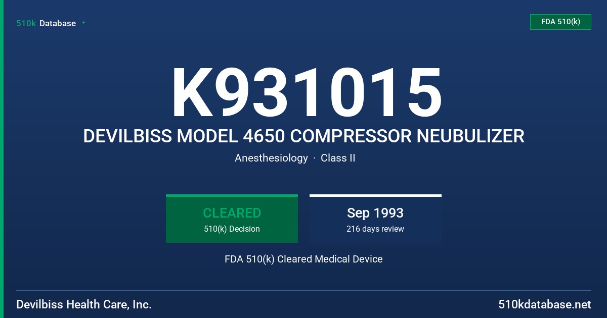 K931015 DEVILBISS MODEL 4650 COMPRESSOR NEUBULIZER FDA 510(k) Cleared Medical Device