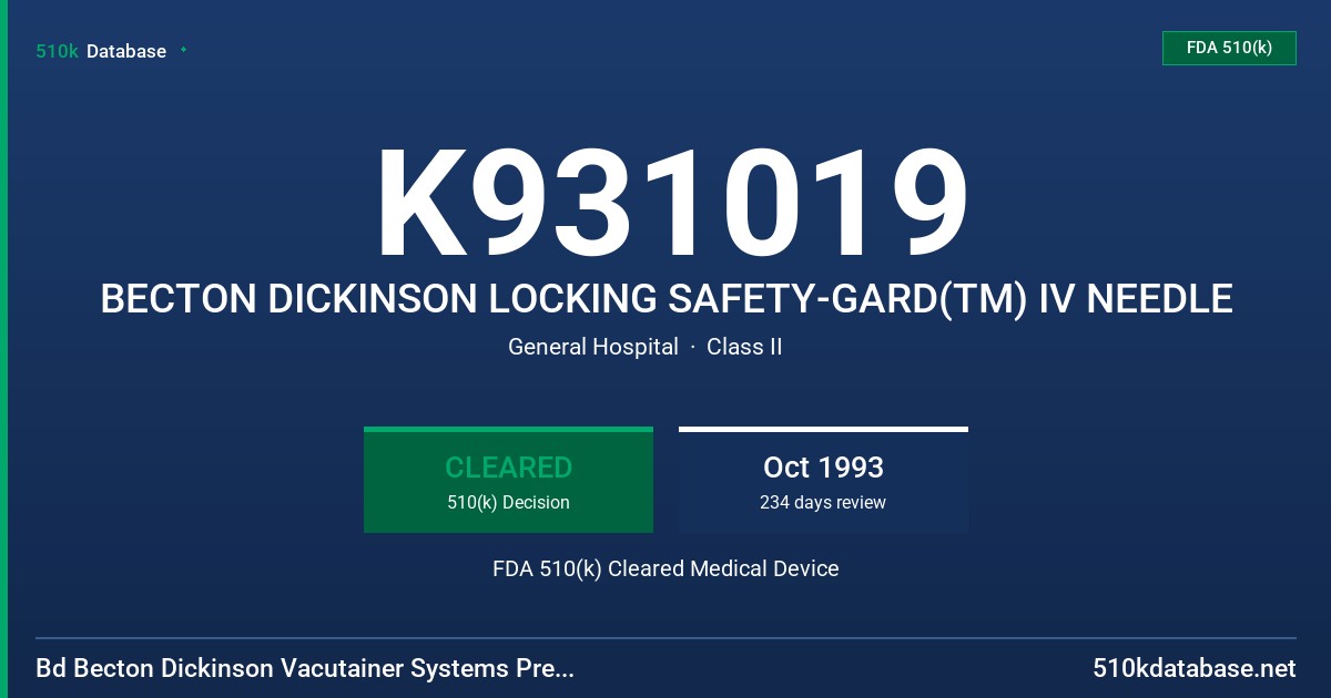 K931019 BECTON DICKINSON LOCKING SAFETY-GARD(TM) IV NEEDLE FDA 510(k) Cleared Medical Device