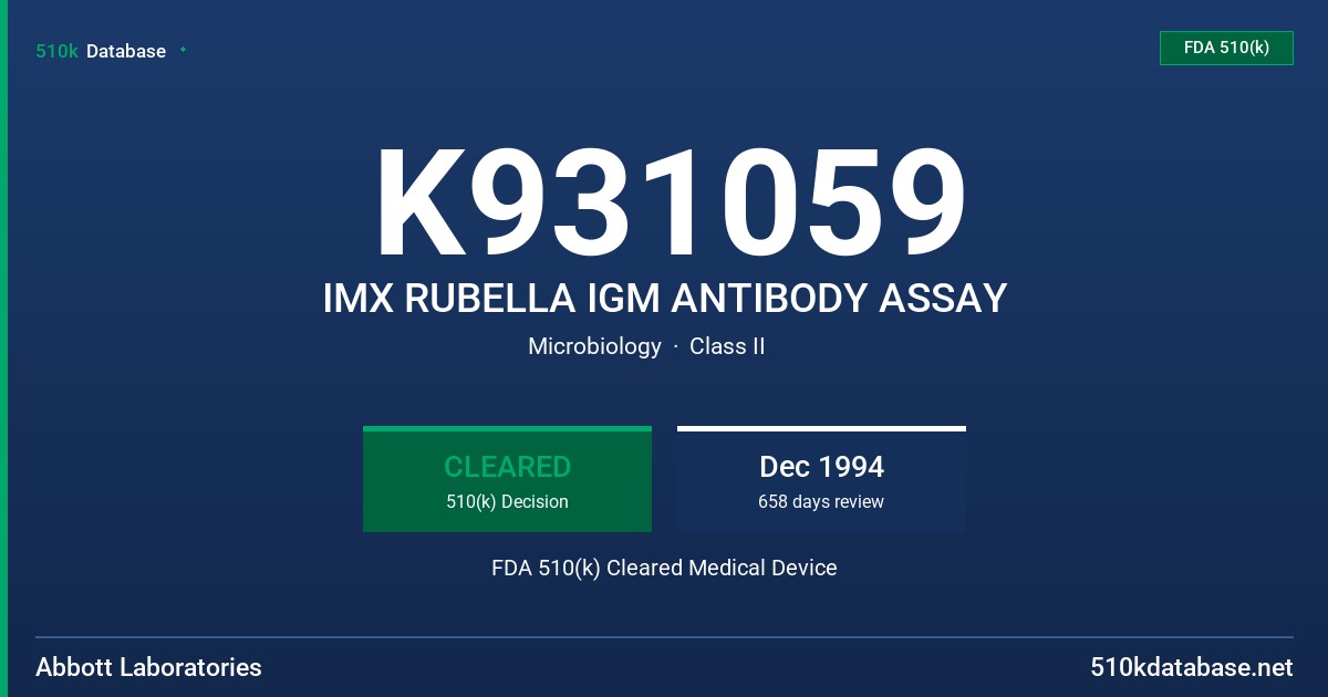 K931059 IMX RUBELLA IGM ANTIBODY ASSAY FDA 510(k) Cleared Medical Device