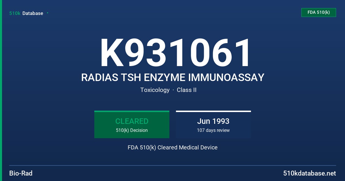 K931061 RADIAS TSH ENZYME IMMUNOASSAY FDA 510(k) Cleared Medical Device