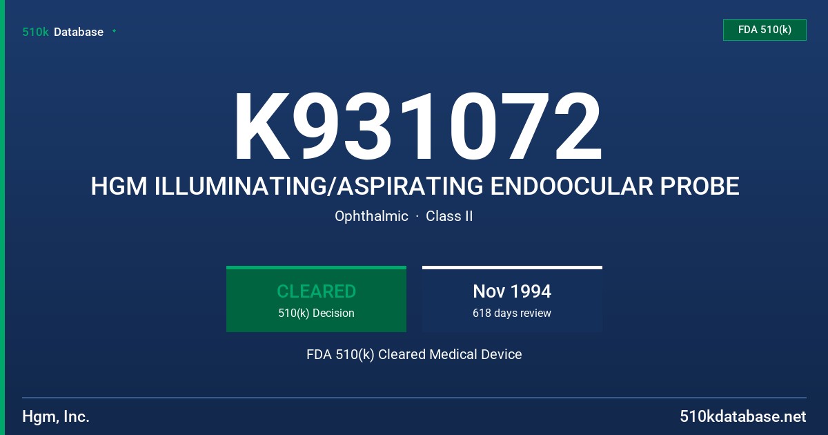 K931072 HGM ILLUMINATING/ASPIRATING ENDOOCULAR PROBE FDA 510(k) Cleared Medical Device