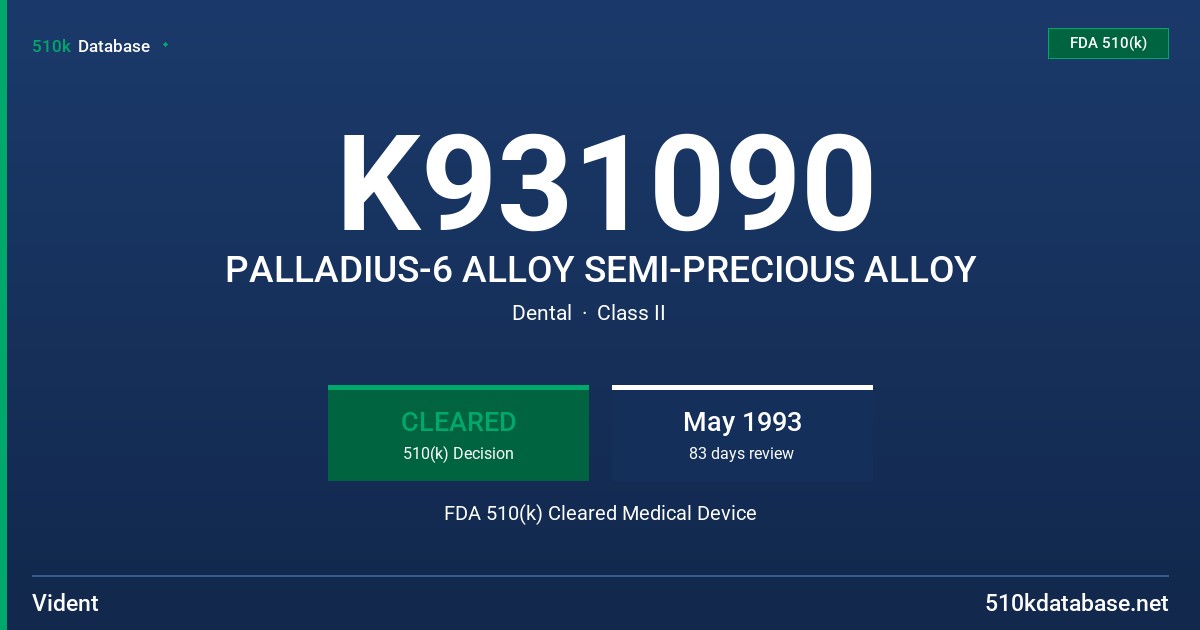K931090 PALLADIUS-6 ALLOY SEMI-PRECIOUS ALLOY FDA 510(k) Cleared Medical Device