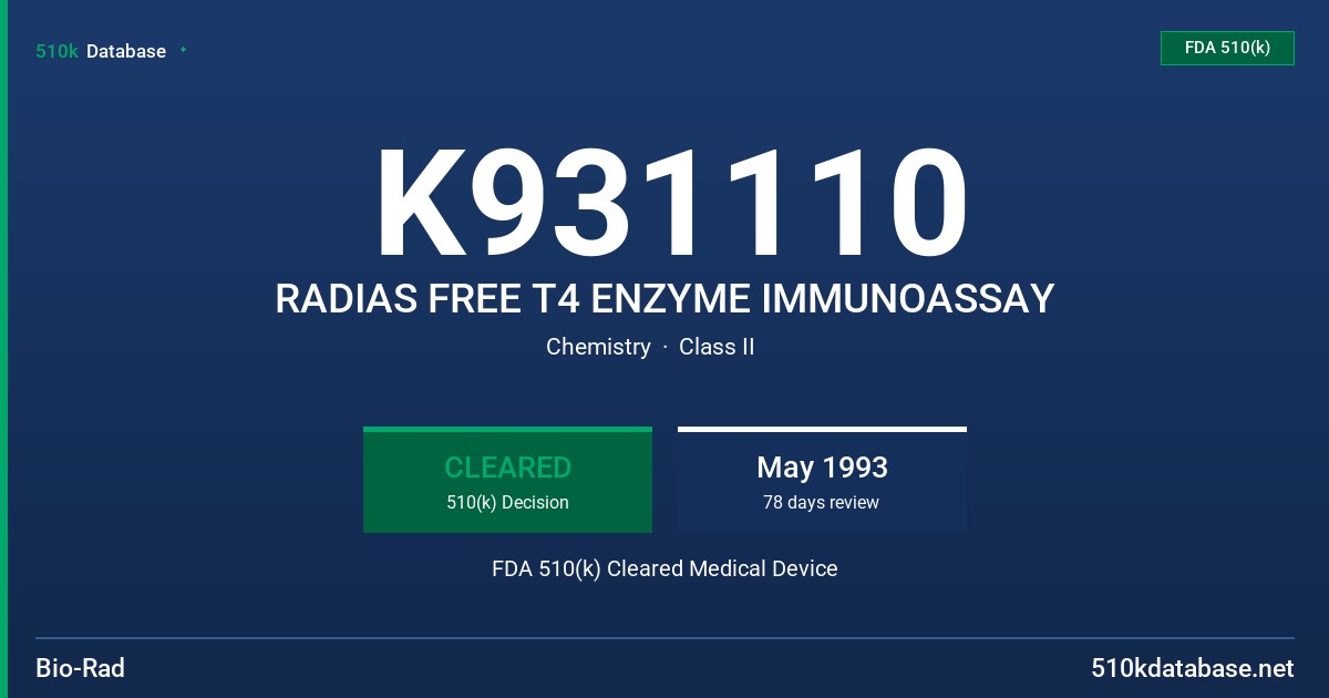 K931110 RADIAS FREE T4 ENZYME IMMUNOASSAY FDA 510(k) Cleared Medical Device