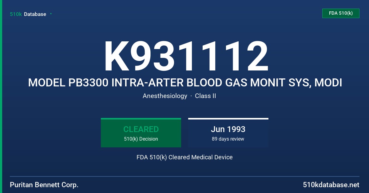 K931112 MODEL PB3300 INTRA-ARTER BLOOD GAS MONIT SYS, MODI FDA 510(k) Cleared Medical Device
