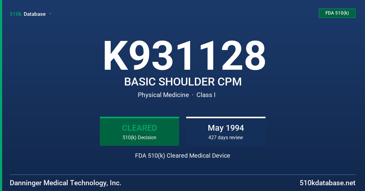 K931128 BASIC SHOULDER CPM FDA 510(k) Cleared Medical Device