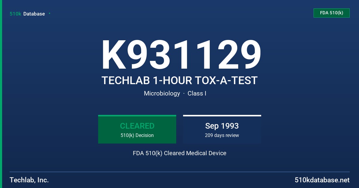 K931129 TECHLAB 1-HOUR TOX-A-TEST FDA 510(k) Cleared Medical Device