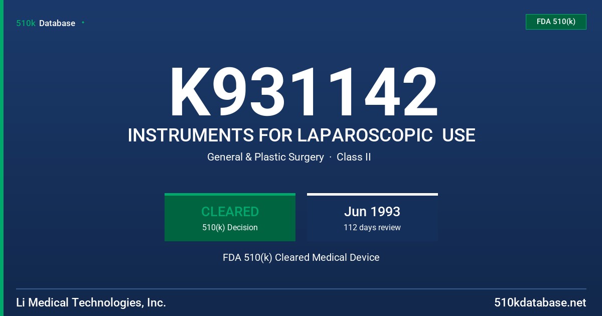 K931142 INSTRUMENTS FOR LAPAROSCOPIC  USE FDA 510(k) Cleared Medical Device