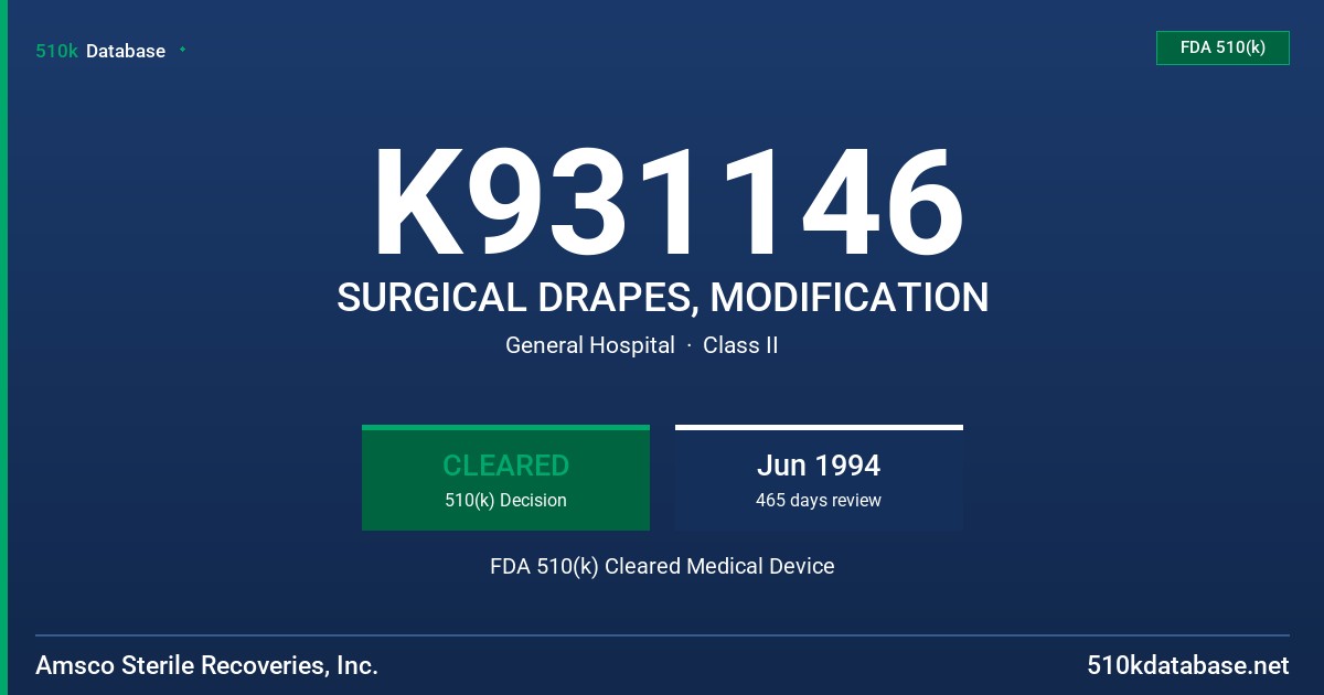 K931146 SURGICAL DRAPES, MODIFICATION FDA 510(k) Cleared Medical Device