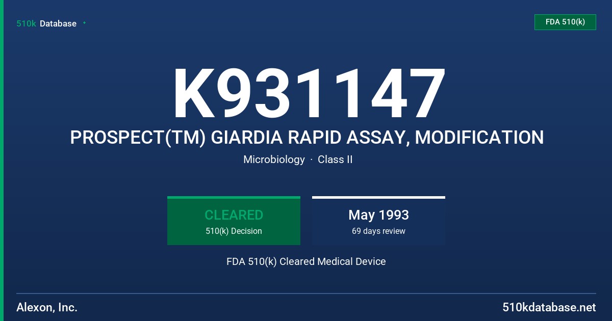 K931147 PROSPECT(TM) GIARDIA RAPID ASSAY, MODIFICATION FDA 510(k) Cleared Medical Device