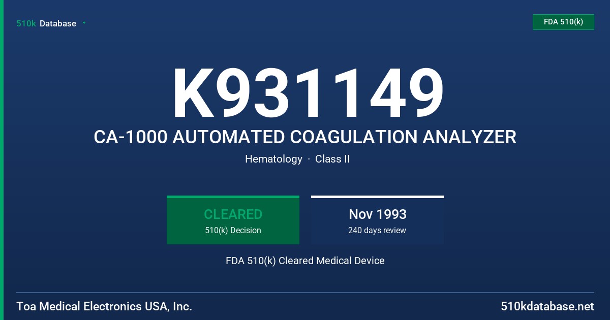 K931149 CA-1000 AUTOMATED COAGULATION ANALYZER FDA 510(k) Cleared Medical Device