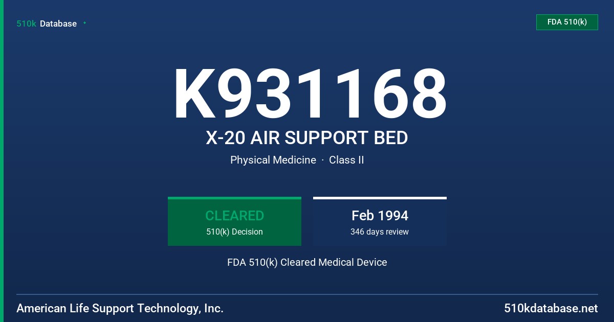 K931168 X-20 AIR SUPPORT BED FDA 510(k) Cleared Medical Device