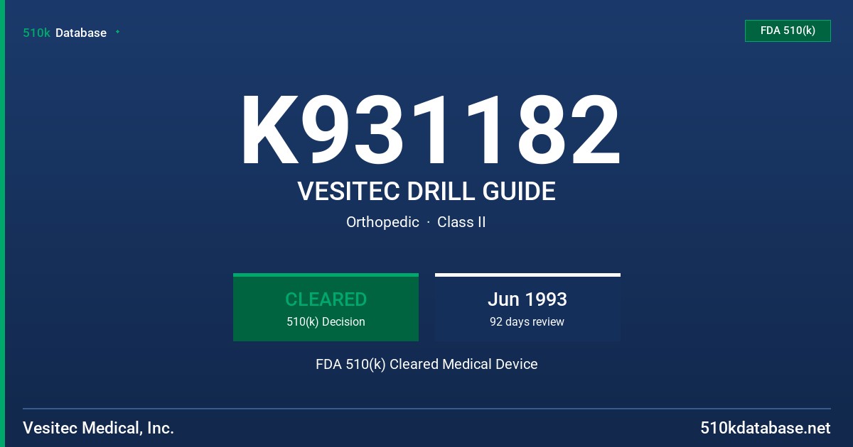 K931182 VESITEC DRILL GUIDE FDA 510(k) Cleared Medical Device