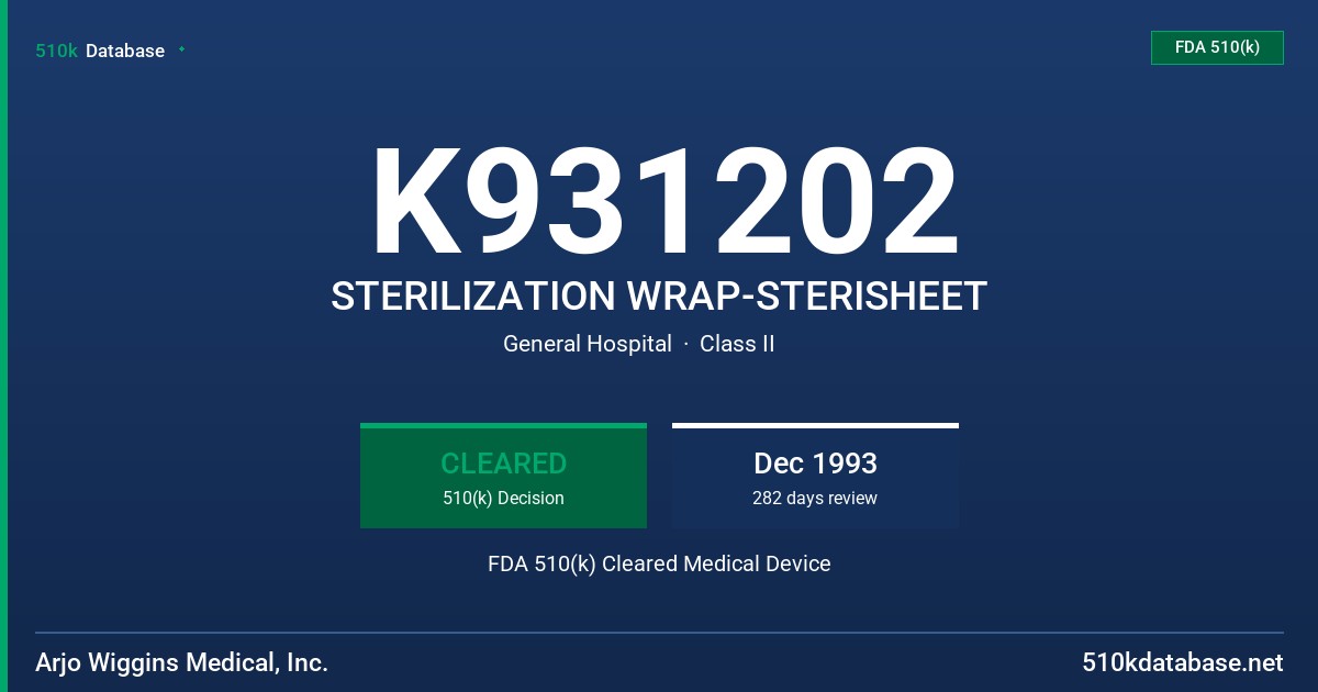 K931202 STERILIZATION WRAP-STERISHEET FDA 510(k) Cleared Medical Device