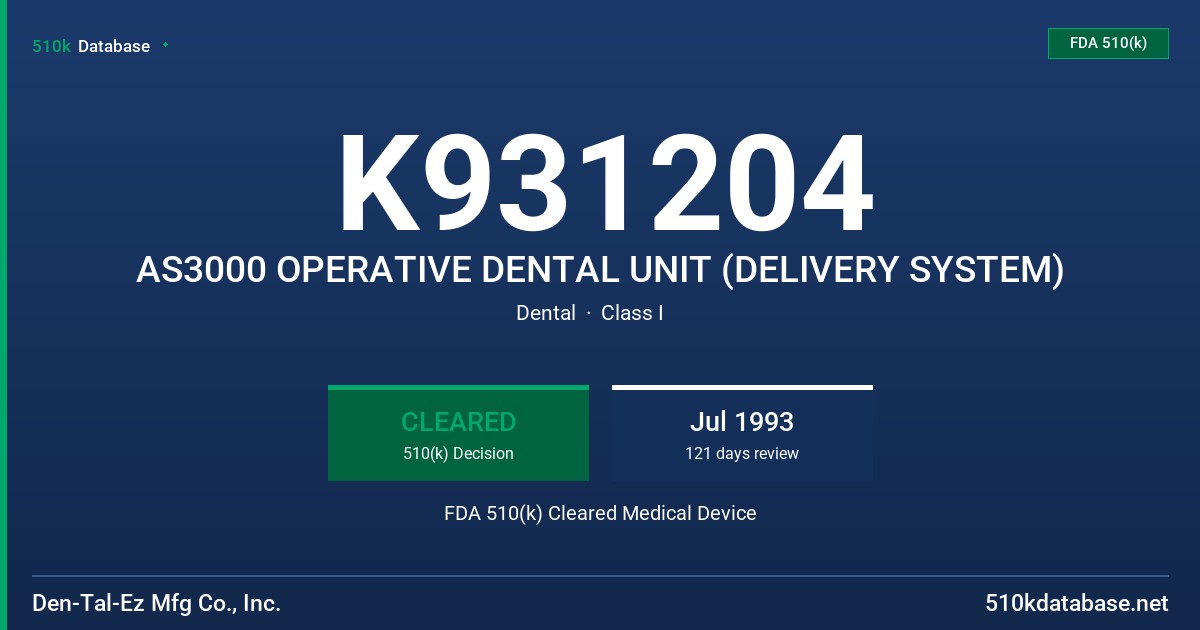 K931204 AS3000 OPERATIVE DENTAL UNIT (DELIVERY SYSTEM) FDA 510(k) Cleared Medical Device
