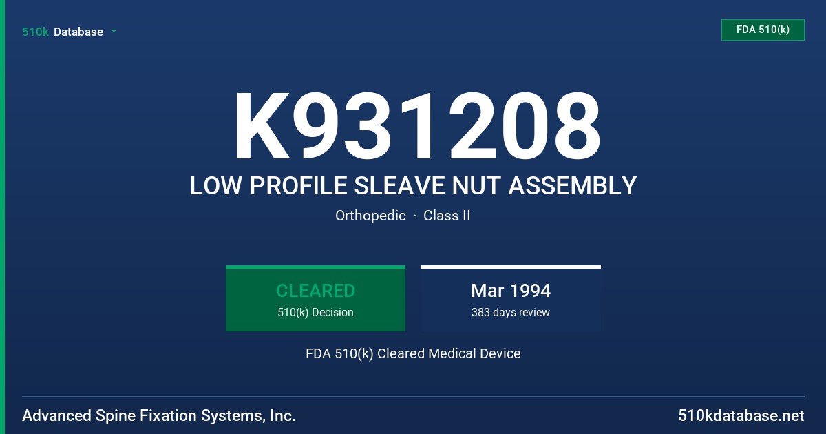K931208 LOW PROFILE SLEAVE NUT ASSEMBLY FDA 510(k) Cleared Medical Device