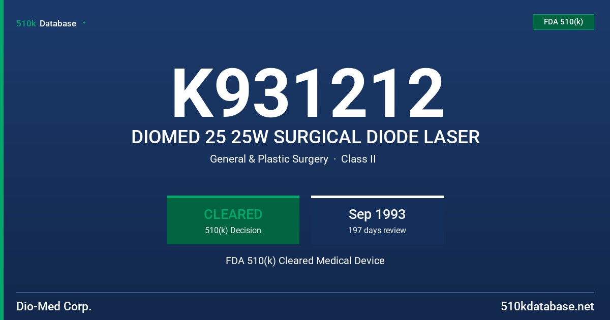 K931212 DIOMED 25 25W SURGICAL DIODE LASER FDA 510(k) Cleared Medical Device