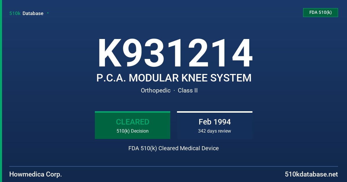 K931214 P.C.A. MODULAR KNEE SYSTEM FDA 510(k) Cleared Medical Device