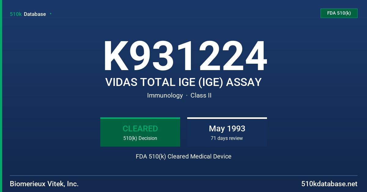 K931224 VIDAS TOTAL IGE (IGE) ASSAY FDA 510(k) Cleared Medical Device
