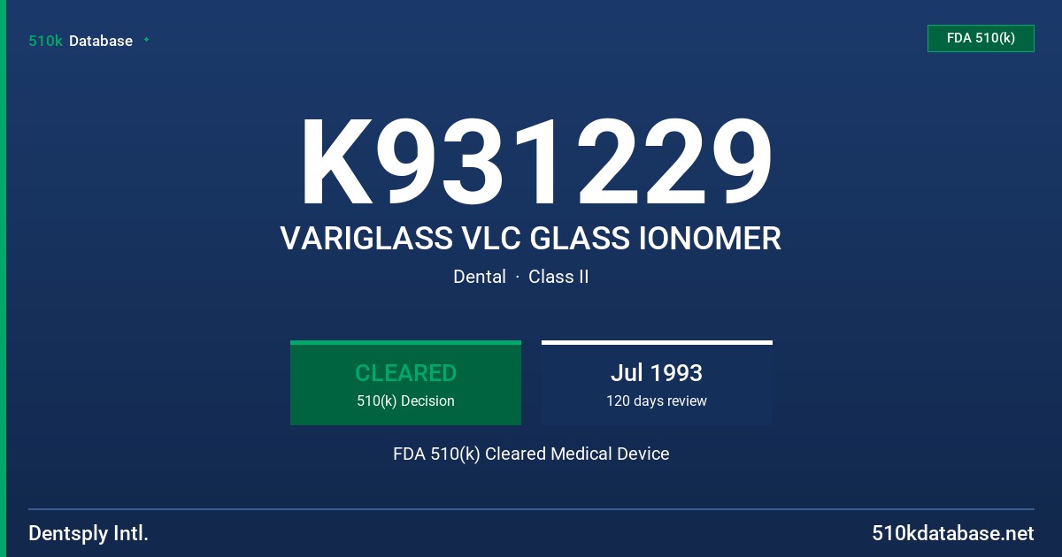 K931229 VARIGLASS VLC GLASS IONOMER FDA 510(k) Cleared Medical Device