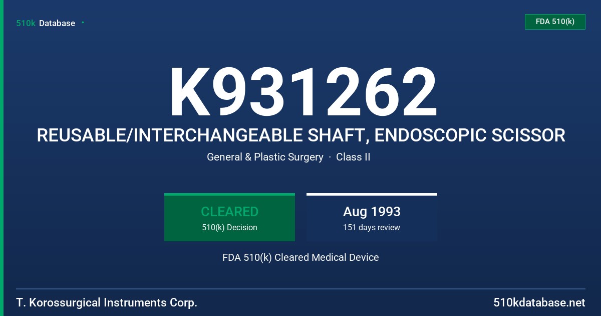 K931262 REUSABLE/INTERCHANGEABLE SHAFT, ENDOSCOPIC SCISSOR FDA 510(k) Cleared Medical Device