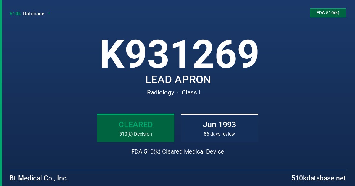 K931269 LEAD APRON FDA 510(k) Cleared Medical Device