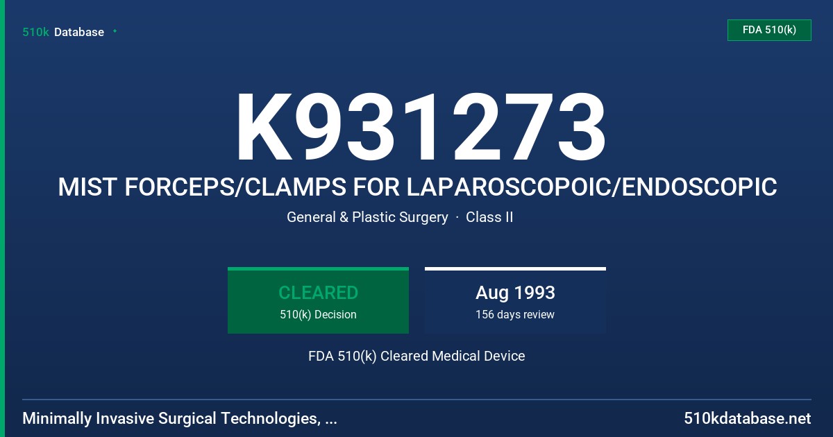 K931273 MIST FORCEPS/CLAMPS FOR LAPAROSCOPOIC/ENDOSCOPIC FDA 510(k) Cleared Medical Device