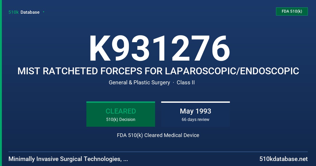 K931276 MIST RATCHETED FORCEPS FOR LAPAROSCOPIC/ENDOSCOPIC FDA 510(k) Cleared Medical Device
