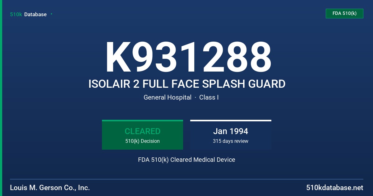 K931288 ISOLAIR 2 FULL FACE SPLASH GUARD FDA 510(k) Cleared Medical Device