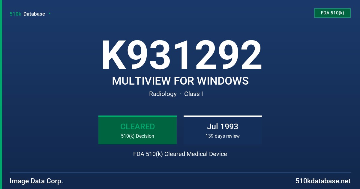 K931292 MULTIVIEW FOR WINDOWS FDA 510(k) Cleared Medical Device
