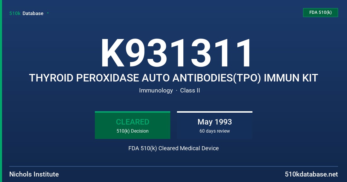 K931311 THYROID PEROXIDASE AUTO ANTIBODIES(TPO) IMMUN KIT FDA 510(k) Cleared Medical Device