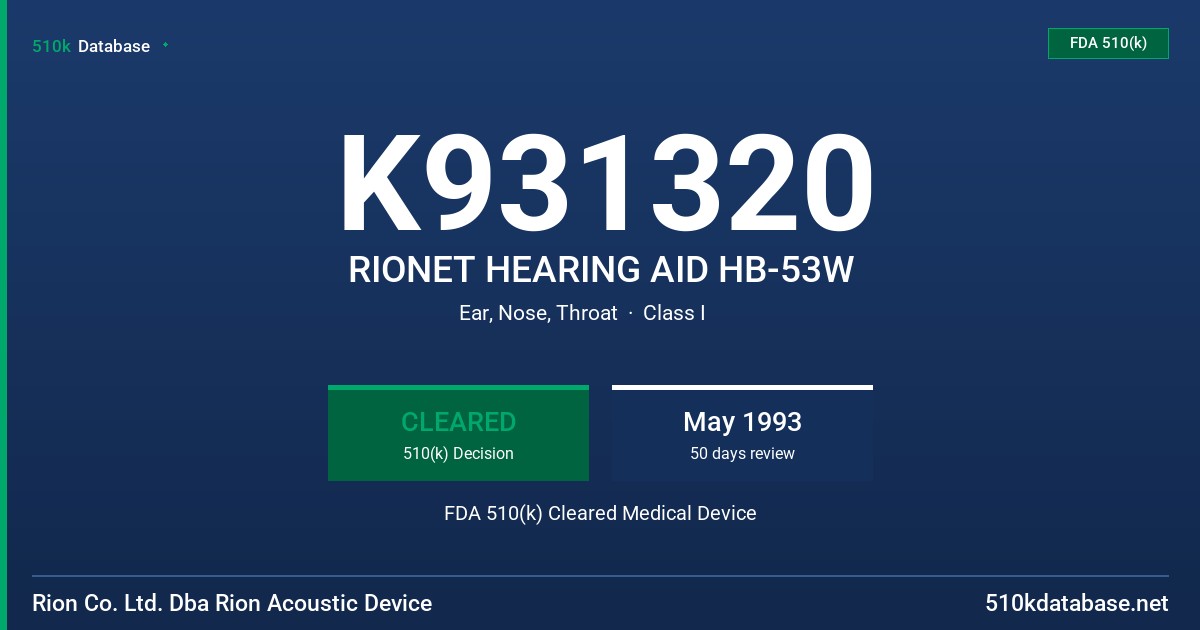 K931320 RIONET HEARING AID HB-53W FDA 510(k) Cleared Medical Device