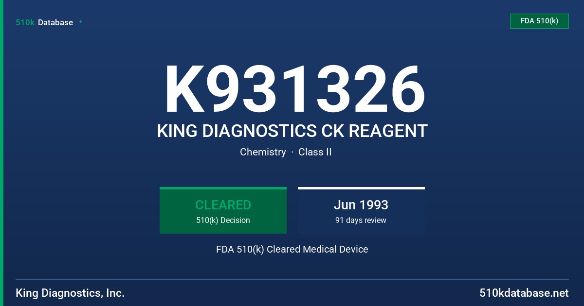 K931326 KING DIAGNOSTICS CK REAGENT FDA 510(k) Cleared Medical Device