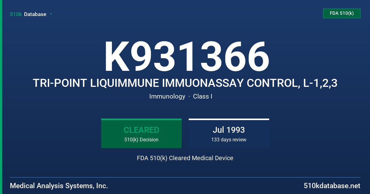 K931366 TRI-POINT LIQUIMMUNE IMMUONASSAY CONTROL, L-1,2,3 FDA 510(k) Cleared Medical Device