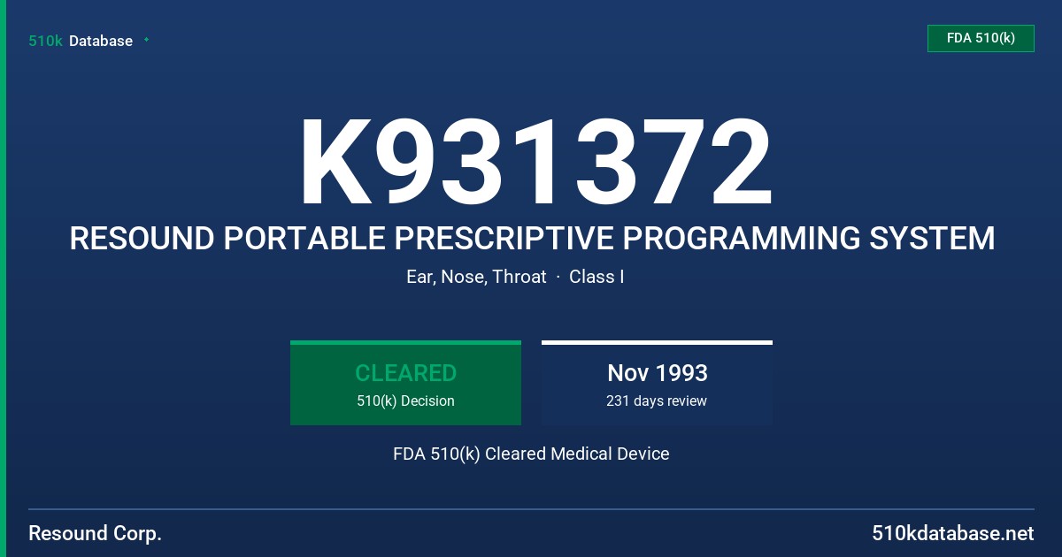 K931372 RESOUND PORTABLE PRESCRIPTIVE PROGRAMMING SYSTEM FDA 510(k) Cleared Medical Device