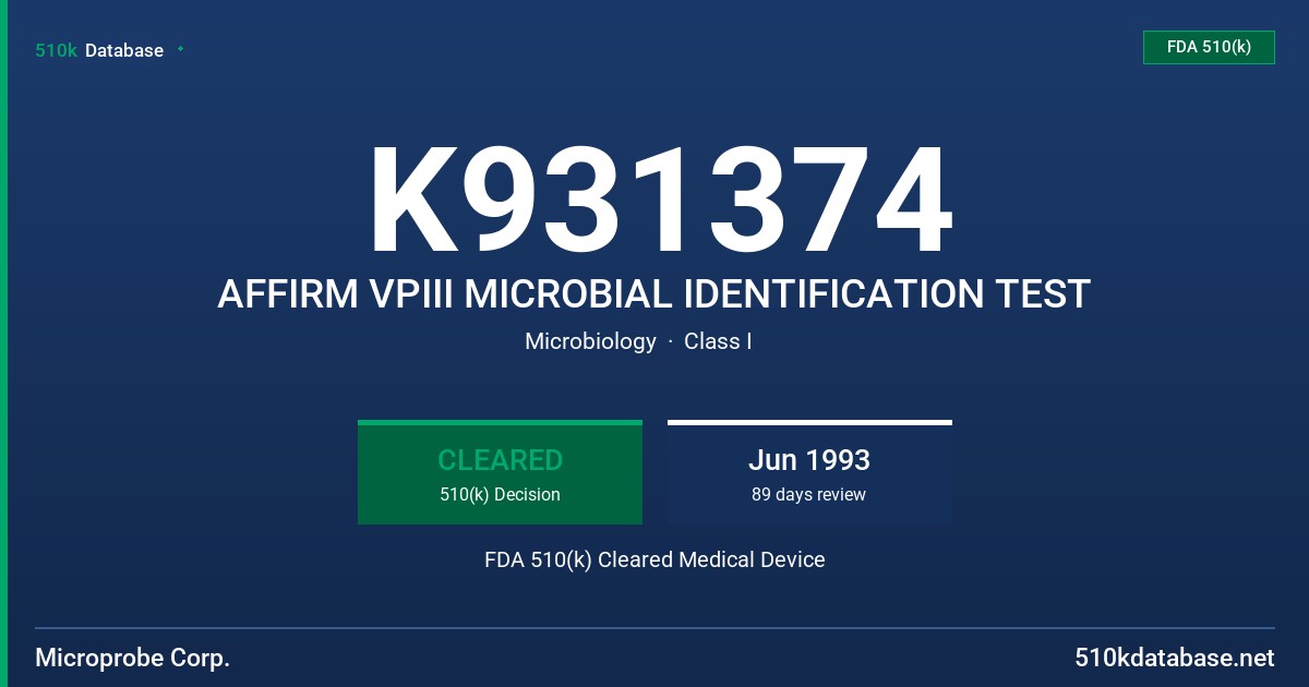 K931374 AFFIRM VPIII MICROBIAL IDENTIFICATION TEST FDA 510(k) Cleared Medical Device