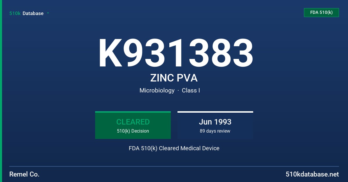 K931383 ZINC PVA FDA 510(k) Cleared Medical Device