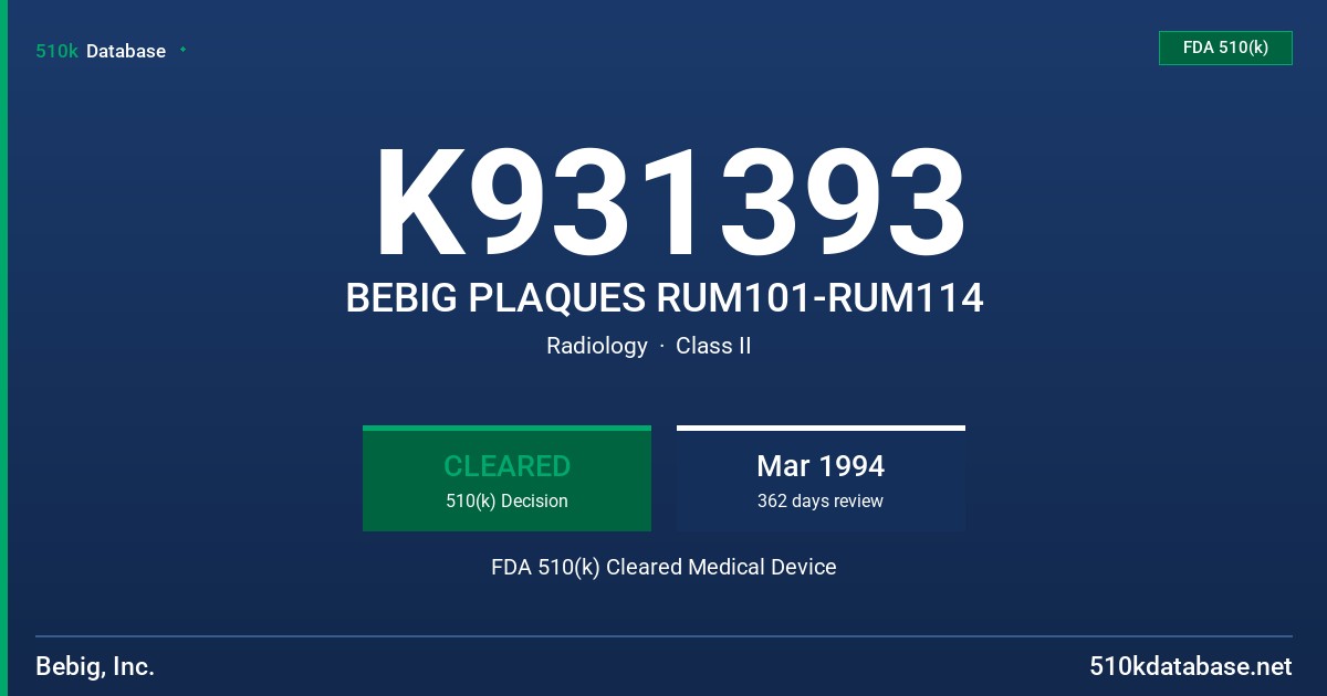 K931393 BEBIG PLAQUES RUM101-RUM114 FDA 510(k) Cleared Medical Device